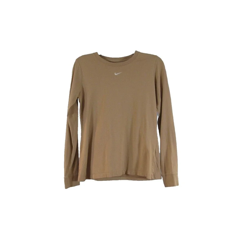 Nike Women's Size Small Tan Long Sleeve T-Shirt Center Mini Swoosh Hemp Crewneck